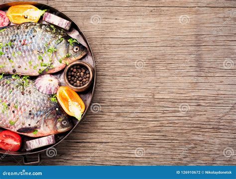 Fresh Raw Fish and Food Ingredients Stock Photo - Image of closeup, pepper: 126910672