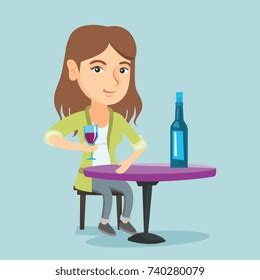 Caucasian Woman Sitting Table Glass Bottle: เวกเตอร์สต็อก (ปลอดค่าลิขสิทธิ์) 740280079