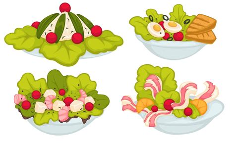 Salads variety, seafood and vegetarian dishes 17670091 Vector Art at Vecteezy