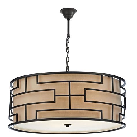 Art Deco Hanging Ceiling Light with Bronze Frame and Taupe Linen Shade