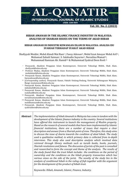 (PDF) HIBAH AMANAH IN THE ISLAMIC FINANCE INDUSTRY IN MALAYSIA: ANALYSIS OF SHARIAH ISSUES ON ...