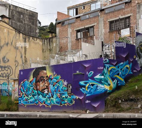 Street art and graffiti painted on walls in La Candelaria district of Bogota, Colombia Stock ...