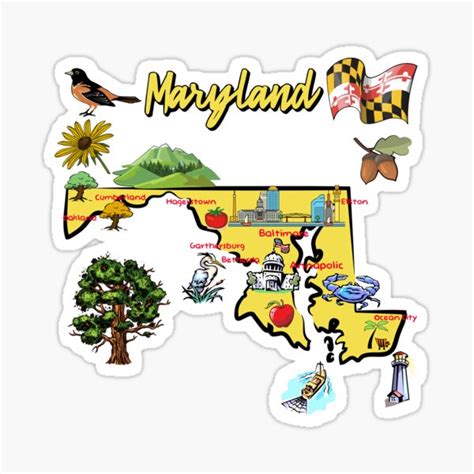 "Hand Drawn Illustration of Maryland Map with Tourist Destinations ...