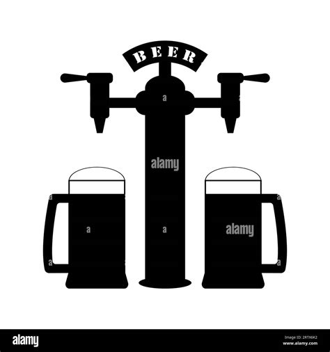 Beer pump with set full beer mugs. Pouring in beer glasses. Vector drawing. Illustration on ...