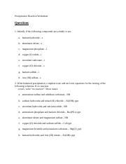 Precipitation Reaction Worksheet 2 - Answers.docx - Precipitation Reaction Worksheet Questions 1 ...