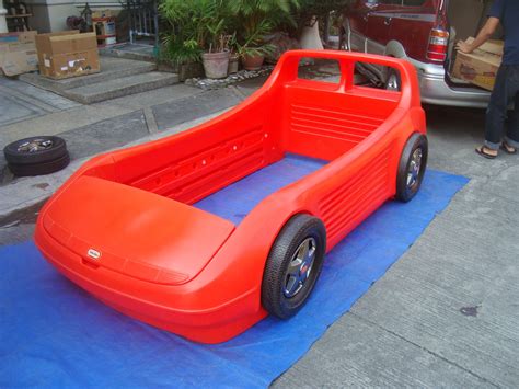 MommysLove4Baby143: Red Little Tikes Twin car bed w/toybox in hood and bookshelf headboard