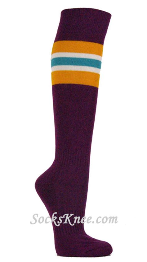 Purple Socks with Gold Yellow White Sky Blue Stripes for Sports knee ...