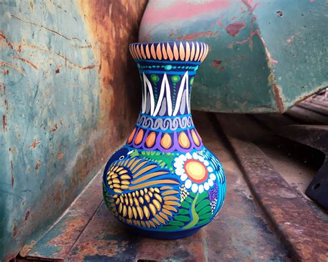 Medium-Small Colorful Pottery Vase from Guerrero Mexico, Ceramic Folk Art, Mexican Southwest Decor