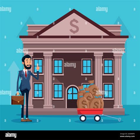 cartoon businessman in front of the bank with trollery with money bags Stock Vector Image & Art ...