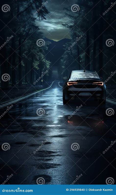 Rear View of a Modern Car that is Parked by the Road at Night Time Stock Illustration ...