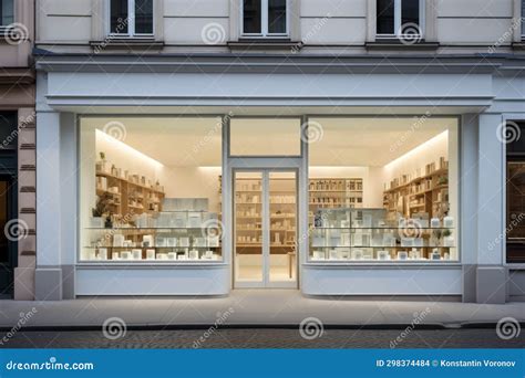 Pharmacy Storefront on City Street with Health and Beauty Products ...