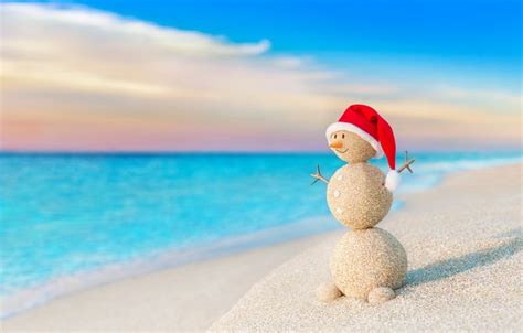 Wallpaper sand, sea, beach, New Year, Christmas, snowman, happy ...