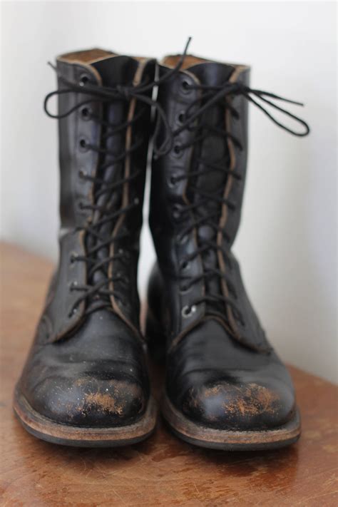 Black Leather Boots Size 8 Men's Lace Up Military Combat Work Boots Vintage Heavy Distressed