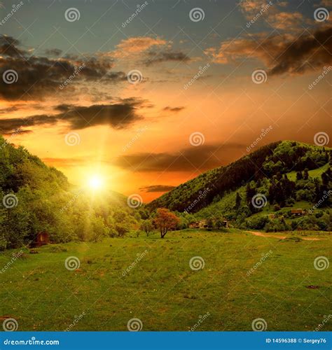 Mountain valley and sunset stock photo. Image of mountain - 14596388