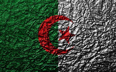 Flag of Algeria, stone texture, waves texture, Algerian flag, national symbol, Algeria, Africa ...