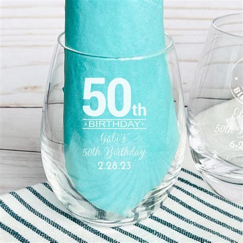 12 Pcs Fiftieth 50th Personalized Glass Etched Stemless Wine Glass Favors Party Favors, MAE211 ...