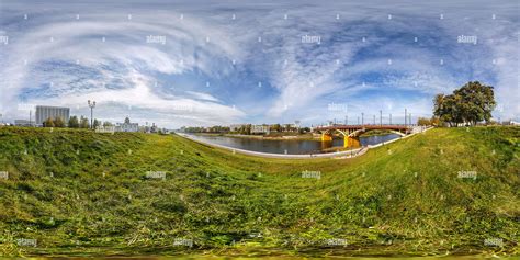 360° view of full seamless spherical panorama 360 degrees angle view on bank of wide river in ...