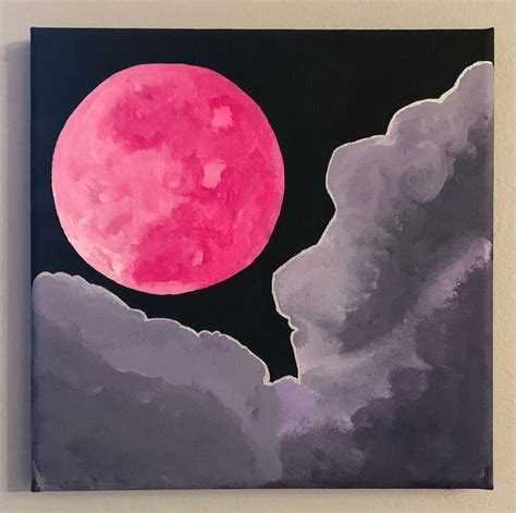 a painting of a pink moon in the night sky with clouds and dark blue skies