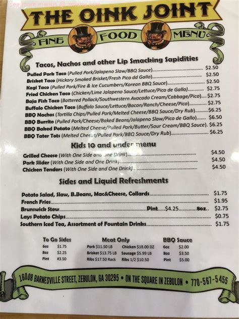 Menu at Oink Joint Zebulon BBQ, Zebulon