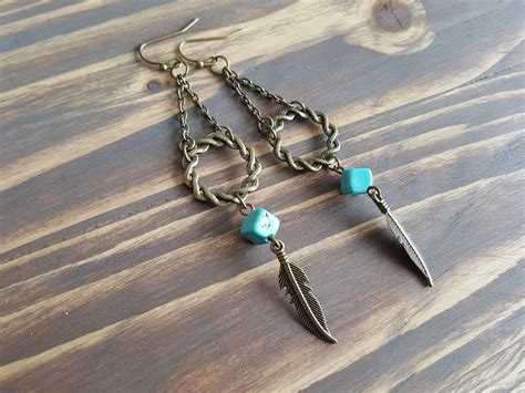 Long Turquoise Earrings. Boho Dangle Earrings. Long Bronze - Etsy