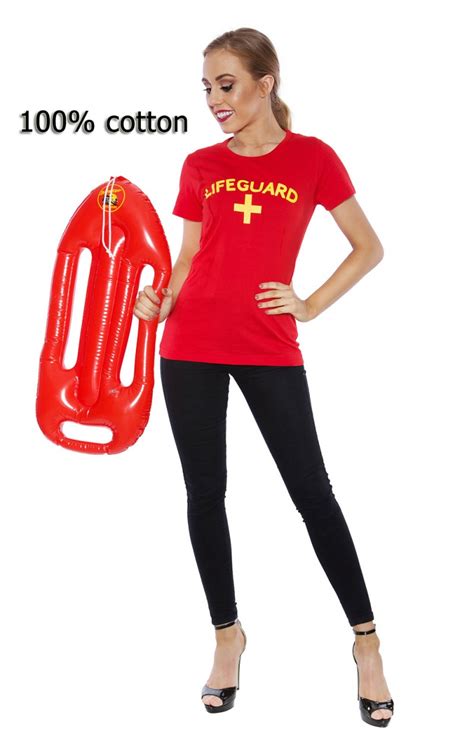 Ladies Beach Lifeguard Uniform T-shirt Fancy Dress Costume Outfits