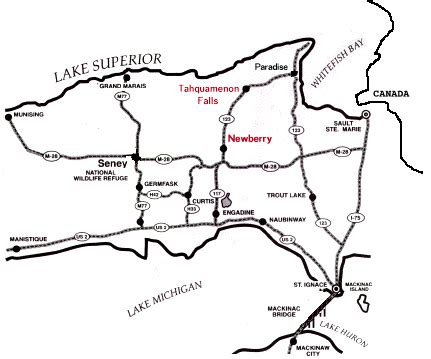 Map of Tahquamenon Falls, Newberry, and Paradise MI