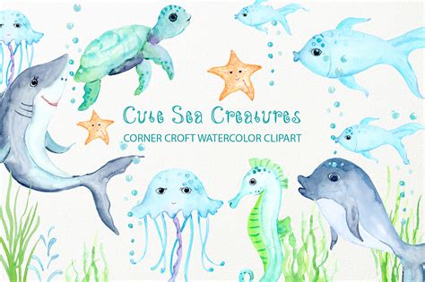 Watercolor Clipart Cute Sea Creatures