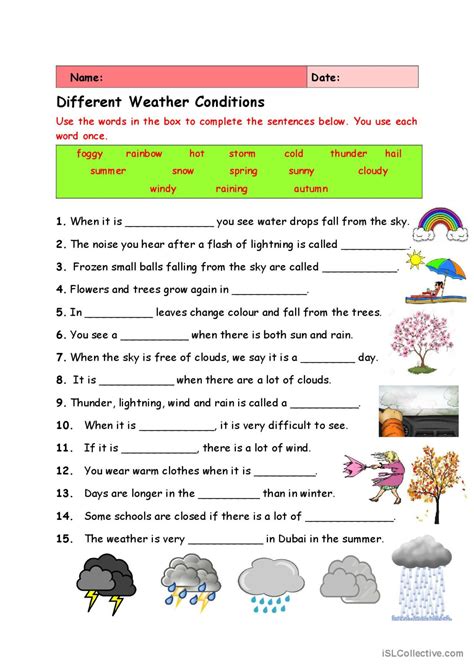 Different Weather Conditions: English ESL worksheets pdf & doc