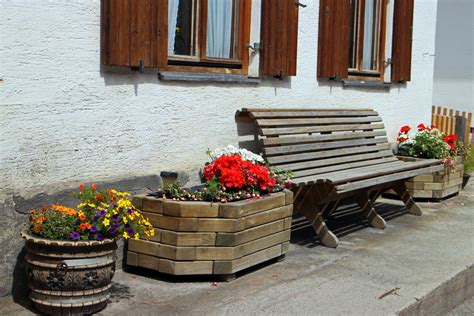 Free Images : bench, flower, seat, porch, walkway, balcony, cottage, backyard, facade, property ...