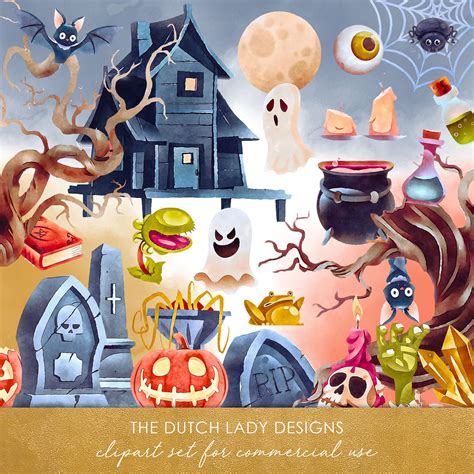 Halloween Graveyard Clipart Set Cartoon Style Watercolor - Etsy