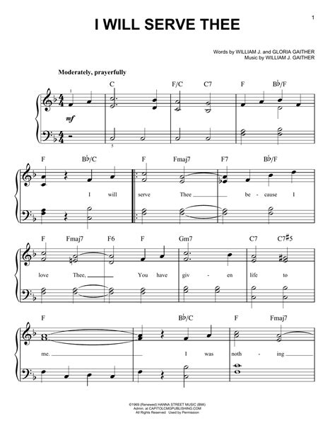 I Will Serve Thee by Gloria Gaither Sheet Music for Easy Piano at Sheet Music Direct