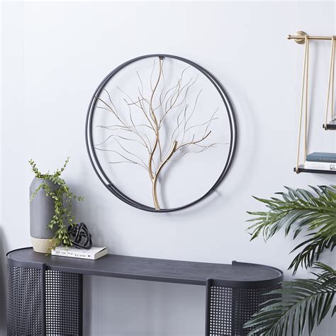 DecMode Large Round Glam Metal Wall Décor w/ Black Metal Frame and Tree ...