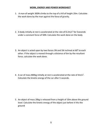 WORK, ENERGY AND POWER WORKSHEET WITH ANSWER | Teaching Resources