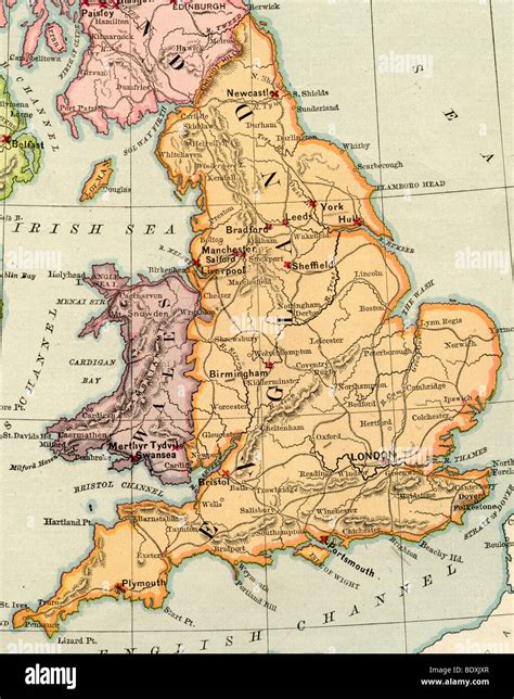 Original old map of England and Wales from 1875 geography textbook ...