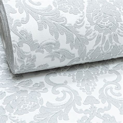 Silver Glitter Grey White Damask Textured Heavy Duty Vinyl Feature 3D ...