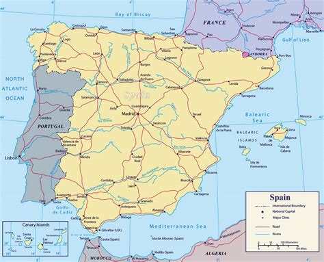 Detallado mapa político de España con carreteras principales y ciudades ...