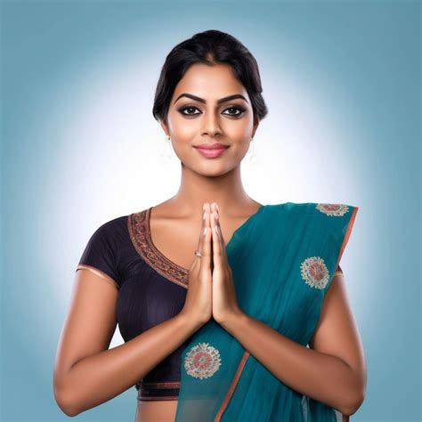 Premium AI Image | Sri Lankan Young Woman Greeting Ayubowan Namaste Hand Gesture