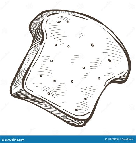 Slice of Bread or Bun, Bakery Monochrome Sketch Outline Stock Vector ...