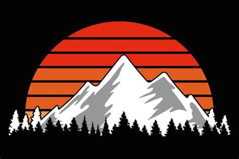 Mountain Trees Retro Sunset Clipart Graphic by SunandMoon · Creative Fabrica