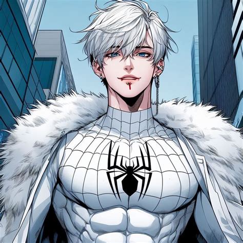 a man with white hair wearing a spider - man costume in front of tall buildings