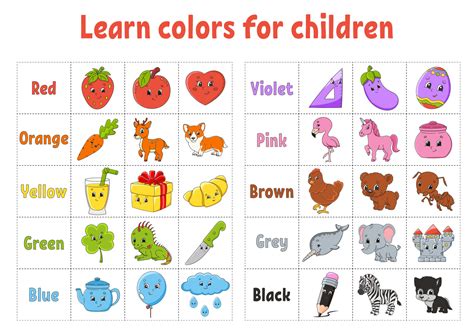 Learning colors. Flashcard for kids. Cute cartoon characters. Picture set for preschoolers ...