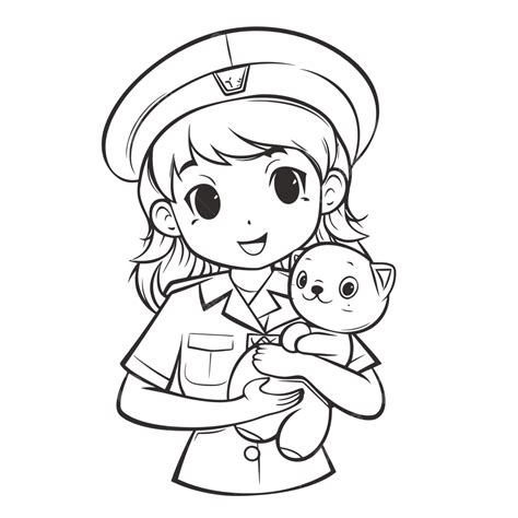 Female Police Officer With Cute Kitten Coloring Pages Outline Sketch Drawing Vector, Nursing ...