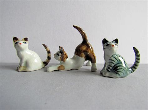 3 Cat Ceramic Figurine Miniature Porcelain Animal Statue Collectible ...