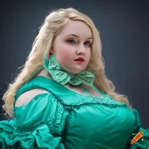 Portrait of an elegant plus-sized girl in a green victorian dress on Craiyon