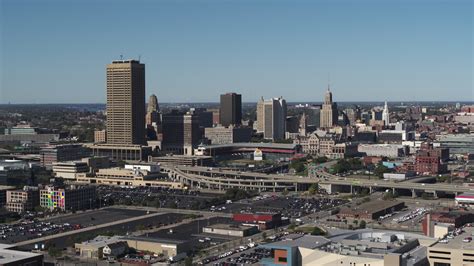 5.7K stock footage aerial video of the city's skyline behind Sahlen Field, Downtown Buffalo, New ...