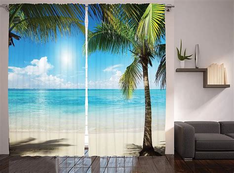 Tropical Beach Decor Curtains Coconut Palms Shadows On Beach Sea Plants Window Drapes for Living ...