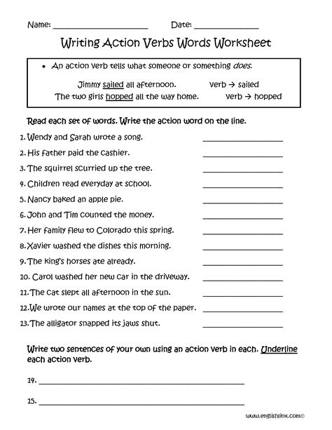 Writing Action Verbs Words Worksheets | Verb worksheets, Action verbs worksheet, Verb words