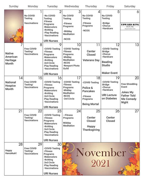 November Calendar 2021 - Edward King House Senior Center