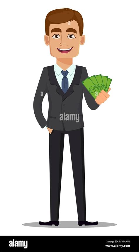 Handsome banker in business suit. Cheerful cartoon character holding money. Vector illustration ...