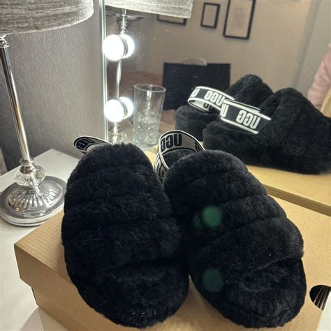 UGG black fluff slipper Size 4 Worn once - Depop